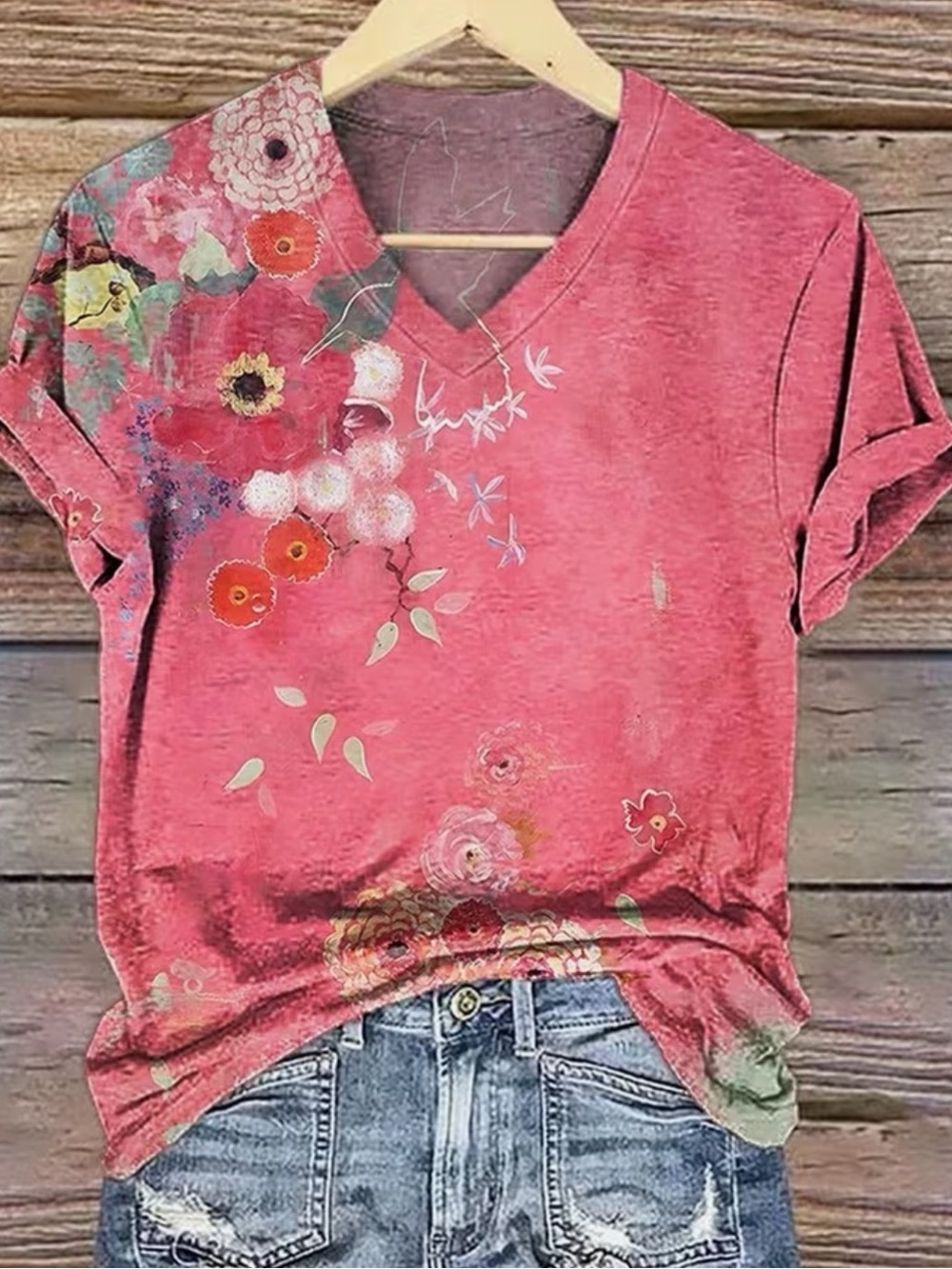 Floral V-Neck Women's Top in Rose Pink